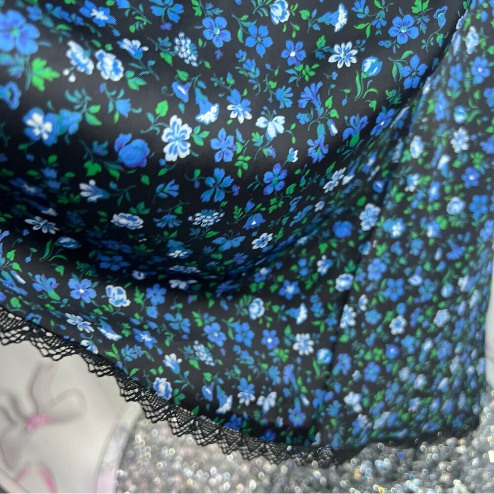Zara long maxi flowers black Floral Blue Skirt green lace trim bottom hem - Picture 5 of 13